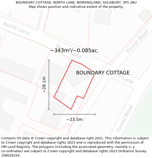 BOUNDARY COTTAGE, NORTH LANE, NOMANSLAND, SALISBURY, SP5 2BU: Plot and title map