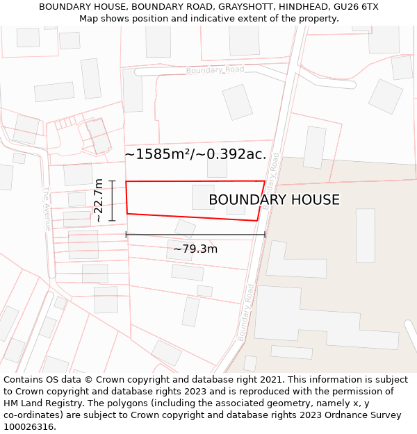 BOUNDARY HOUSE, BOUNDARY ROAD, GRAYSHOTT, HINDHEAD, GU26 6TX: Plot and title map