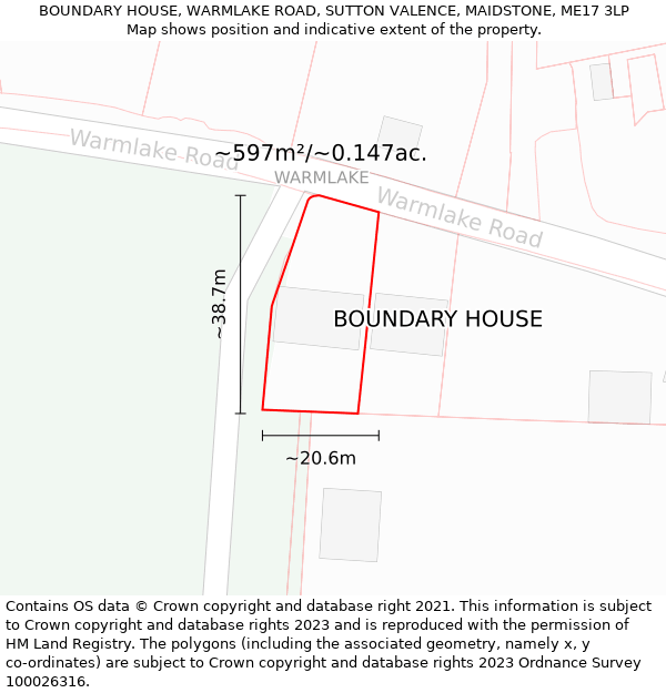 BOUNDARY HOUSE, WARMLAKE ROAD, SUTTON VALENCE, MAIDSTONE, ME17 3LP: Plot and title map