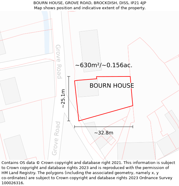 BOURN HOUSE, GROVE ROAD, BROCKDISH, DISS, IP21 4JP: Plot and title map