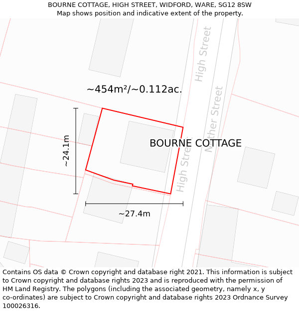 BOURNE COTTAGE, HIGH STREET, WIDFORD, WARE, SG12 8SW: Plot and title map