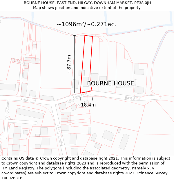 BOURNE HOUSE, EAST END, HILGAY, DOWNHAM MARKET, PE38 0JH: Plot and title map