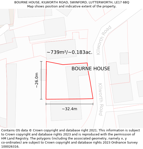 BOURNE HOUSE, KILWORTH ROAD, SWINFORD, LUTTERWORTH, LE17 6BQ: Plot and title map