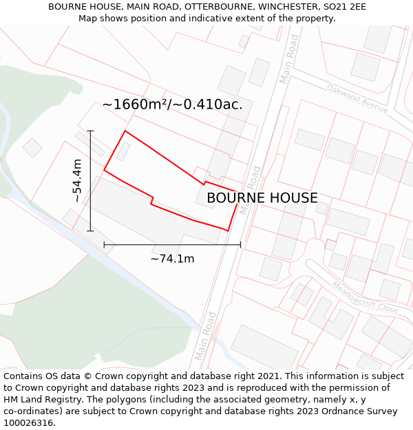 BOURNE HOUSE, MAIN ROAD, OTTERBOURNE, WINCHESTER, SO21 2EE: Plot and title map