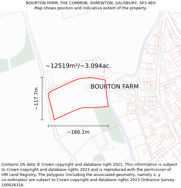 BOURTON FARM, THE COMMON, SHREWTON, SALISBURY, SP3 4EH: Plot and title map