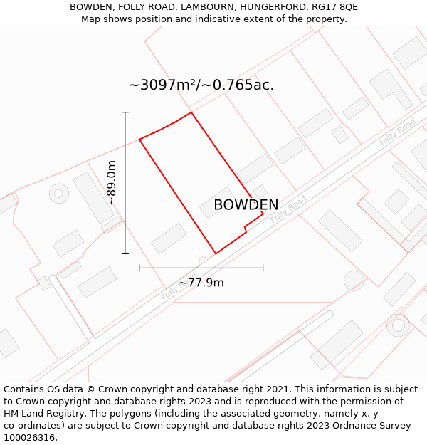 BOWDEN, FOLLY ROAD, LAMBOURN, HUNGERFORD, RG17 8QE: Plot and title map