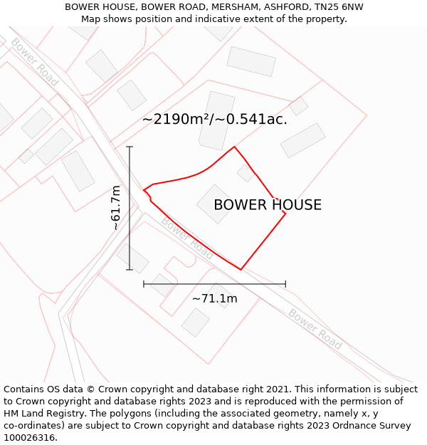 BOWER HOUSE, BOWER ROAD, MERSHAM, ASHFORD, TN25 6NW: Plot and title map