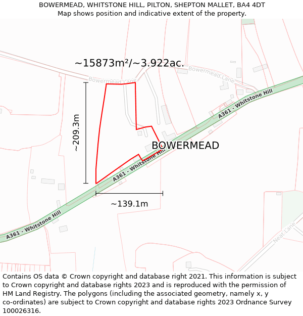 BOWERMEAD, WHITSTONE HILL, PILTON, SHEPTON MALLET, BA4 4DT: Plot and title map