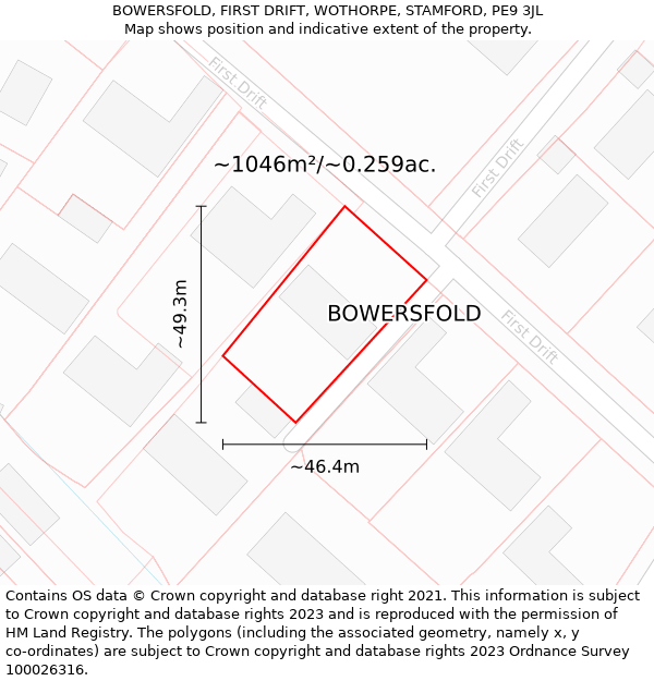 BOWERSFOLD, FIRST DRIFT, WOTHORPE, STAMFORD, PE9 3JL: Plot and title map