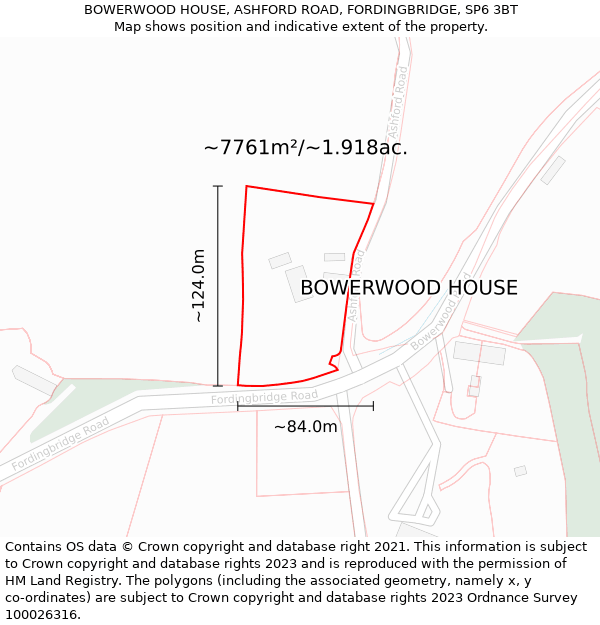 BOWERWOOD HOUSE, ASHFORD ROAD, FORDINGBRIDGE, SP6 3BT: Plot and title map