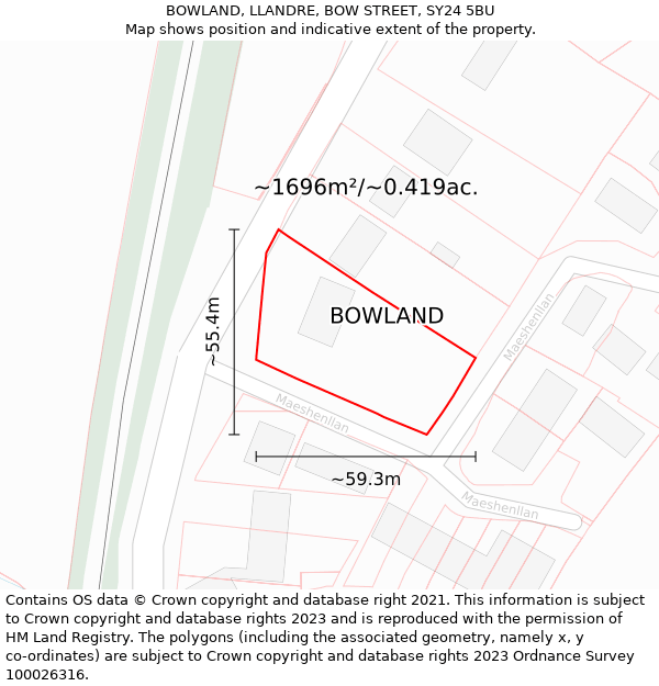 BOWLAND, LLANDRE, BOW STREET, SY24 5BU: Plot and title map