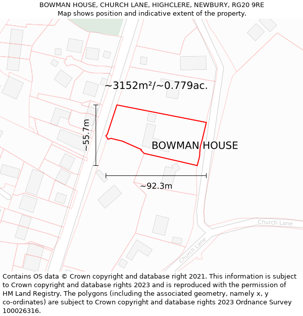 BOWMAN HOUSE, CHURCH LANE, HIGHCLERE, NEWBURY, RG20 9RE: Plot and title map