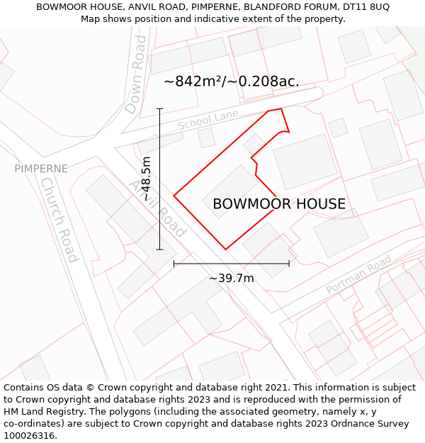 BOWMOOR HOUSE, ANVIL ROAD, PIMPERNE, BLANDFORD FORUM, DT11 8UQ: Plot and title map