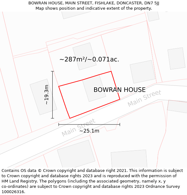 BOWRAN HOUSE, MAIN STREET, FISHLAKE, DONCASTER, DN7 5JJ: Plot and title map