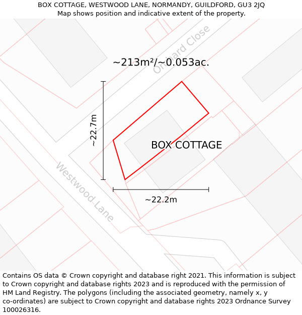 BOX COTTAGE, WESTWOOD LANE, NORMANDY, GUILDFORD, GU3 2JQ: Plot and title map