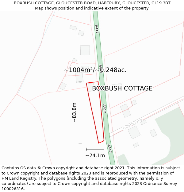 BOXBUSH COTTAGE, GLOUCESTER ROAD, HARTPURY, GLOUCESTER, GL19 3BT: Plot and title map