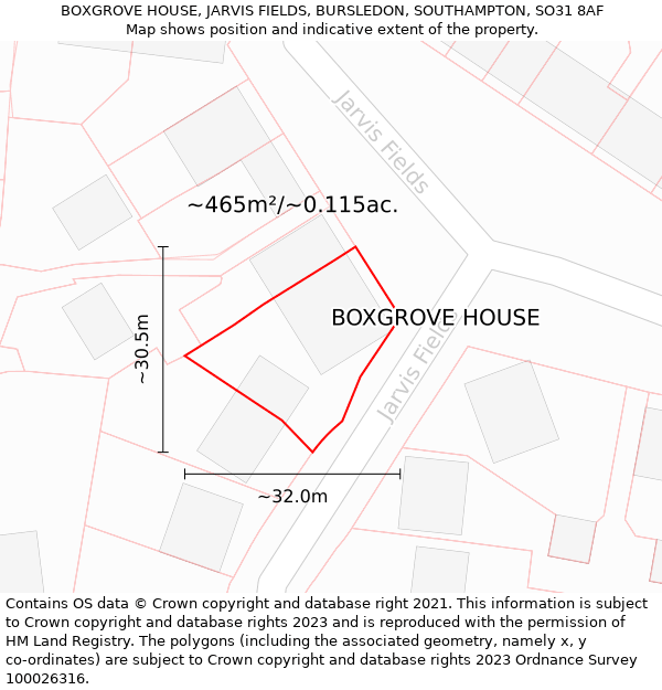 BOXGROVE HOUSE, JARVIS FIELDS, BURSLEDON, SOUTHAMPTON, SO31 8AF: Plot and title map