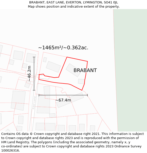 BRABANT, EAST LANE, EVERTON, LYMINGTON, SO41 0JL: Plot and title map