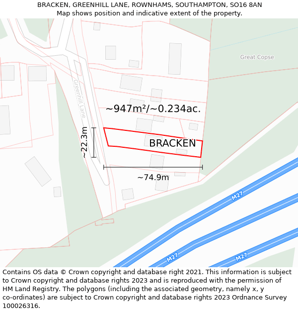 BRACKEN, GREENHILL LANE, ROWNHAMS, SOUTHAMPTON, SO16 8AN: Plot and title map