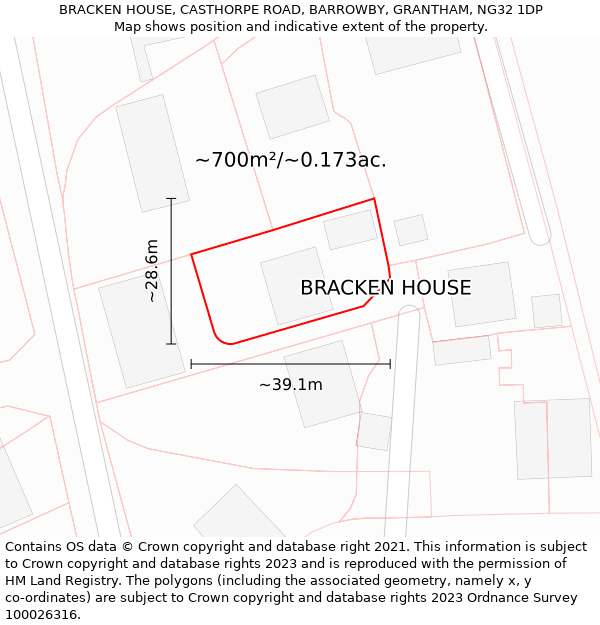 BRACKEN HOUSE, CASTHORPE ROAD, BARROWBY, GRANTHAM, NG32 1DP: Plot and title map
