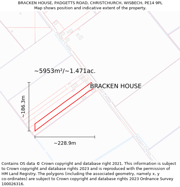 BRACKEN HOUSE, PADGETTS ROAD, CHRISTCHURCH, WISBECH, PE14 9PL: Plot and title map