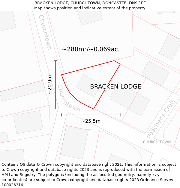 BRACKEN LODGE, CHURCHTOWN, DONCASTER, DN9 1PE: Plot and title map