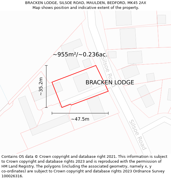 BRACKEN LODGE, SILSOE ROAD, MAULDEN, BEDFORD, MK45 2AX: Plot and title map