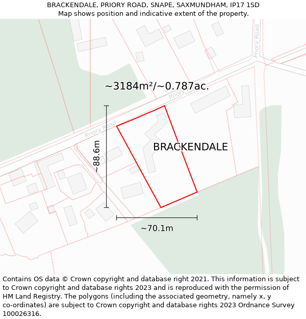 BRACKENDALE, PRIORY ROAD, SNAPE, SAXMUNDHAM, IP17 1SD: Plot and title map