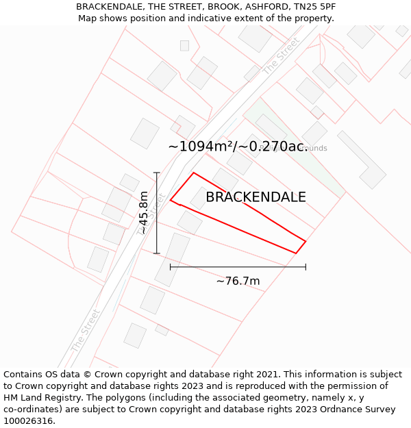 BRACKENDALE, THE STREET, BROOK, ASHFORD, TN25 5PF: Plot and title map