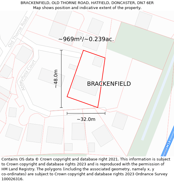 BRACKENFIELD, OLD THORNE ROAD, HATFIELD, DONCASTER, DN7 6ER: Plot and title map