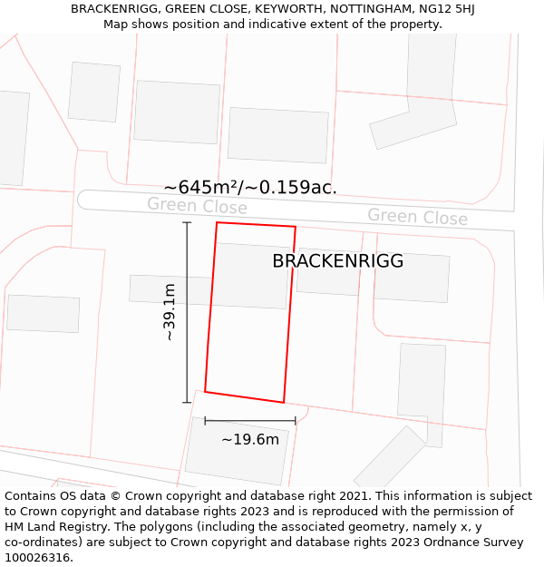 BRACKENRIGG, GREEN CLOSE, KEYWORTH, NOTTINGHAM, NG12 5HJ: Plot and title map