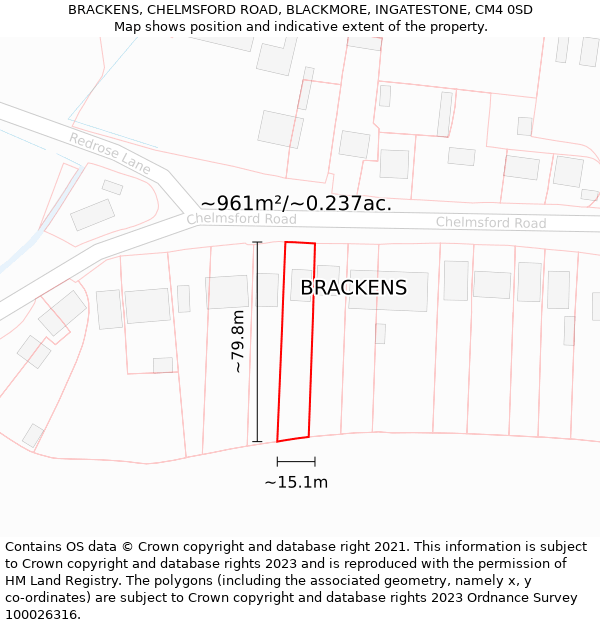 BRACKENS, CHELMSFORD ROAD, BLACKMORE, INGATESTONE, CM4 0SD: Plot and title map