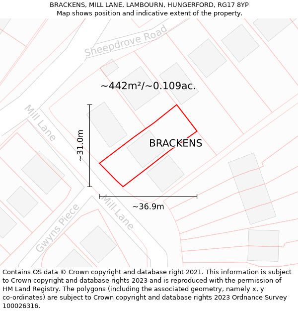 BRACKENS, MILL LANE, LAMBOURN, HUNGERFORD, RG17 8YP: Plot and title map