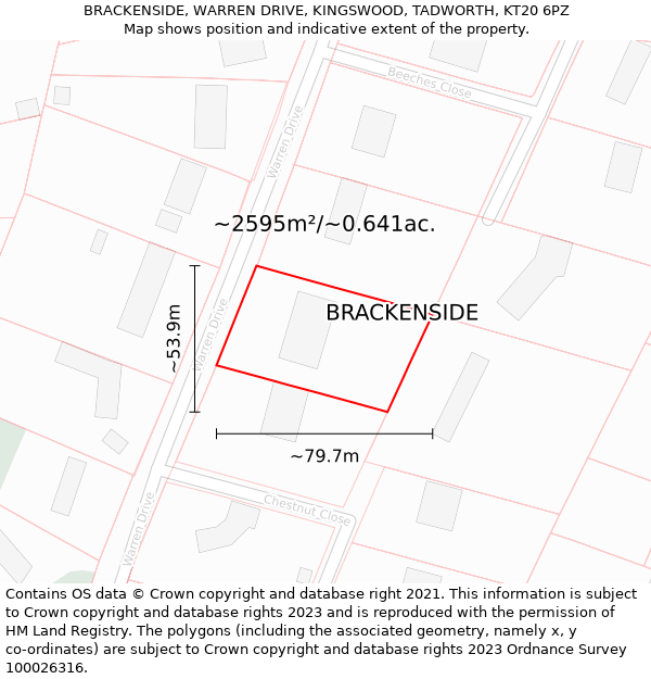 BRACKENSIDE, WARREN DRIVE, KINGSWOOD, TADWORTH, KT20 6PZ: Plot and title map