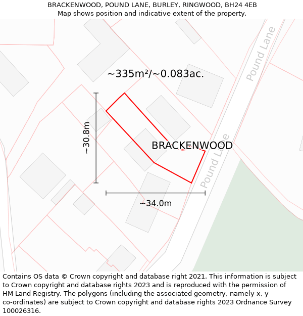 BRACKENWOOD, POUND LANE, BURLEY, RINGWOOD, BH24 4EB: Plot and title map