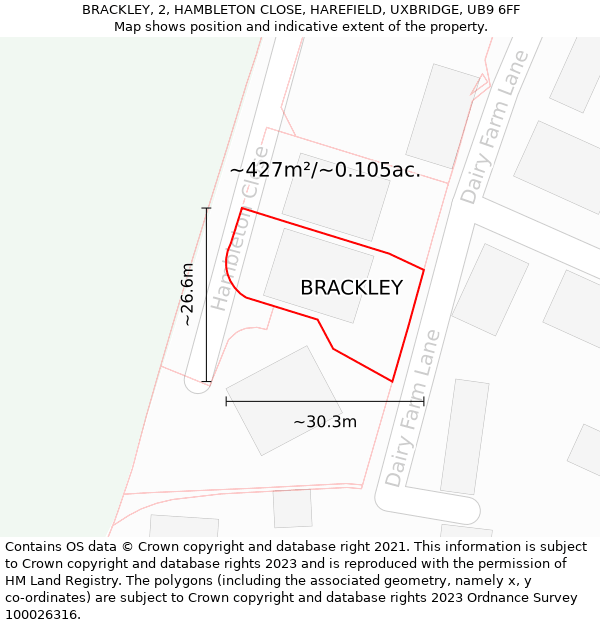BRACKLEY, 2, HAMBLETON CLOSE, HAREFIELD, UXBRIDGE, UB9 6FF: Plot and title map