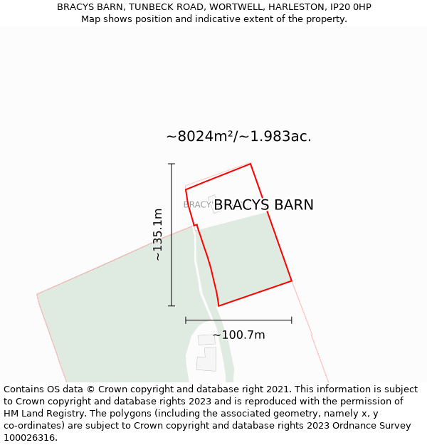 BRACYS BARN, TUNBECK ROAD, WORTWELL, HARLESTON, IP20 0HP: Plot and title map