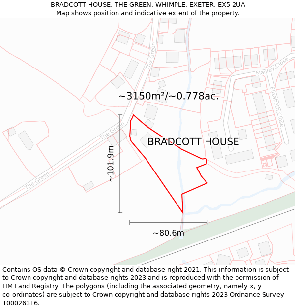 BRADCOTT HOUSE, THE GREEN, WHIMPLE, EXETER, EX5 2UA: Plot and title map