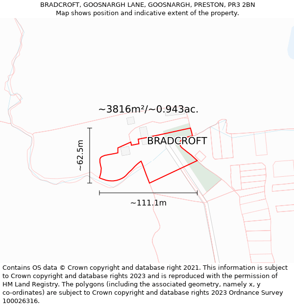 BRADCROFT, GOOSNARGH LANE, GOOSNARGH, PRESTON, PR3 2BN: Plot and title map