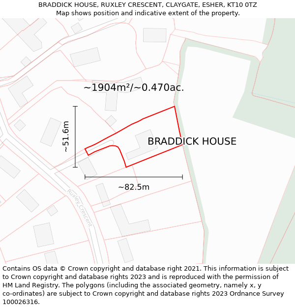 BRADDICK HOUSE, RUXLEY CRESCENT, CLAYGATE, ESHER, KT10 0TZ: Plot and title map