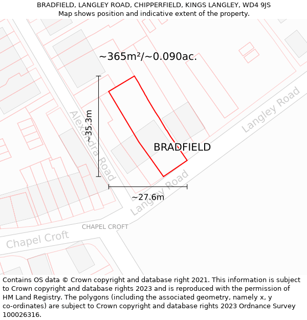 BRADFIELD, LANGLEY ROAD, CHIPPERFIELD, KINGS LANGLEY, WD4 9JS: Plot and title map