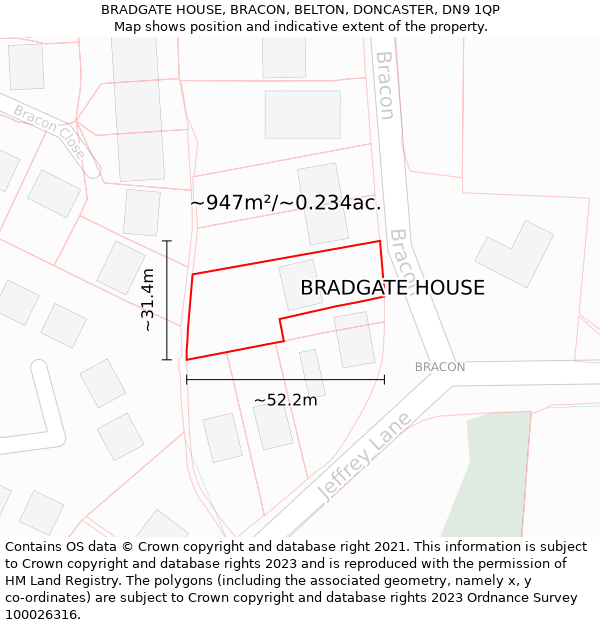 BRADGATE HOUSE, BRACON, BELTON, DONCASTER, DN9 1QP: Plot and title map