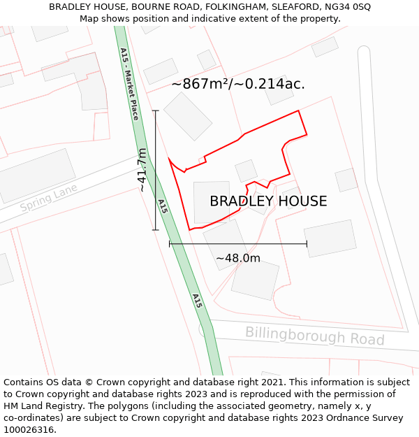 BRADLEY HOUSE, BOURNE ROAD, FOLKINGHAM, SLEAFORD, NG34 0SQ: Plot and title map
