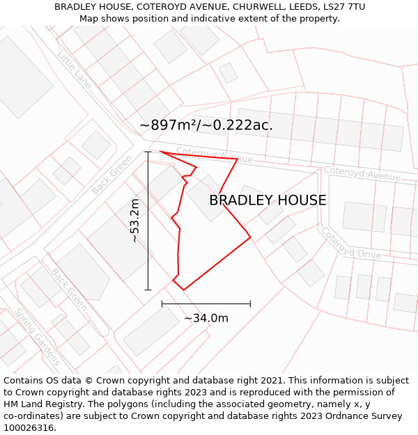 BRADLEY HOUSE, COTEROYD AVENUE, CHURWELL, LEEDS, LS27 7TU: Plot and title map