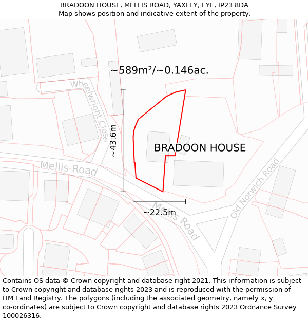 BRADOON HOUSE, MELLIS ROAD, YAXLEY, EYE, IP23 8DA: Plot and title map