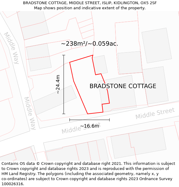 BRADSTONE COTTAGE, MIDDLE STREET, ISLIP, KIDLINGTON, OX5 2SF: Plot and title map