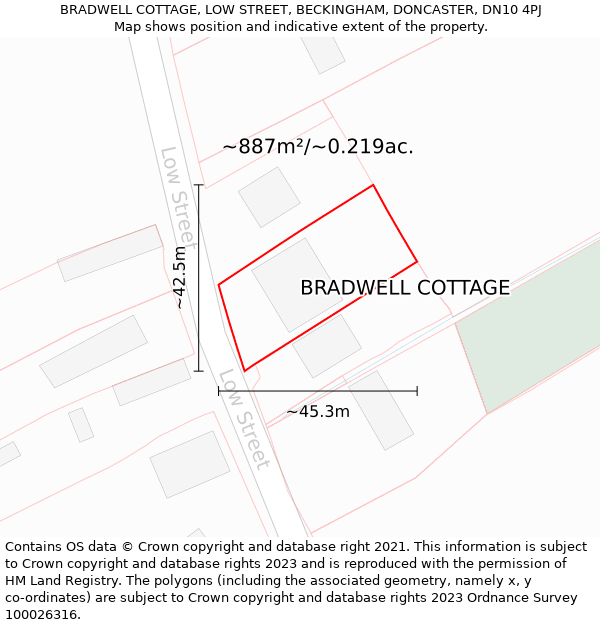 BRADWELL COTTAGE, LOW STREET, BECKINGHAM, DONCASTER, DN10 4PJ: Plot and title map