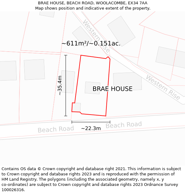 BRAE HOUSE, BEACH ROAD, WOOLACOMBE, EX34 7AA: Plot and title map