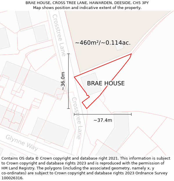 BRAE HOUSE, CROSS TREE LANE, HAWARDEN, DEESIDE, CH5 3PY: Plot and title map