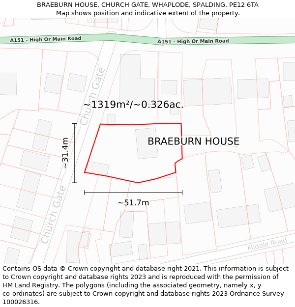 BRAEBURN HOUSE, CHURCH GATE, WHAPLODE, SPALDING, PE12 6TA: Plot and title map